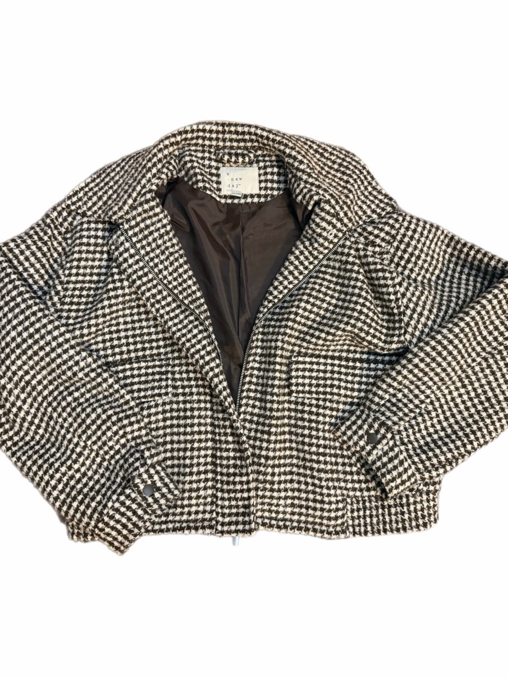 Houndstooth Brown Cream Bomber Fall Jacket - L
